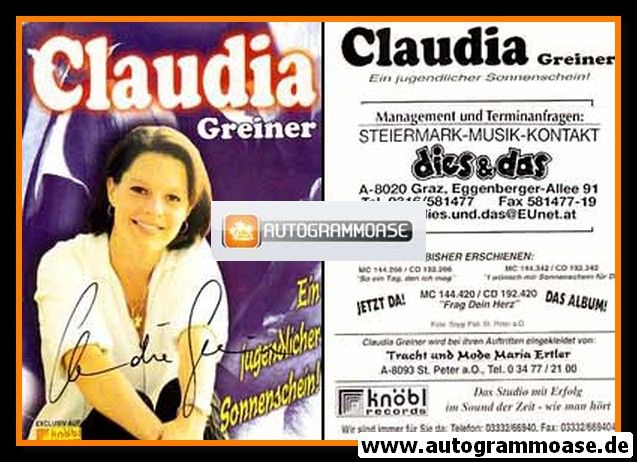 Autogramm Volksmusik | Claudia GREINER | 2000 "Frag Dein Herz" (Knöbl)