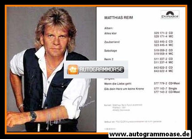 Autogramm Pop | Matthias REIM | 1995 "Alles Klar" (Portrait Color) Polydor