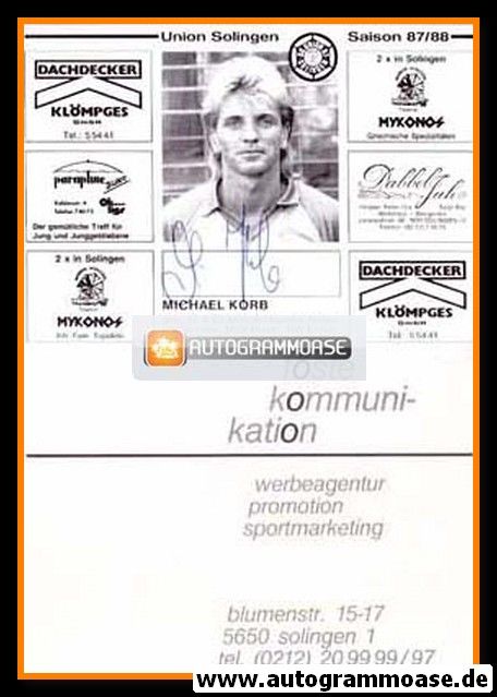 Autogramm Fussball | Union Solingen | 1987 | Michael KORB