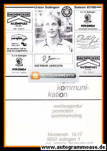 Autogramm Fussball | Union Solingen | 1987 | Dietmar JANSSEN