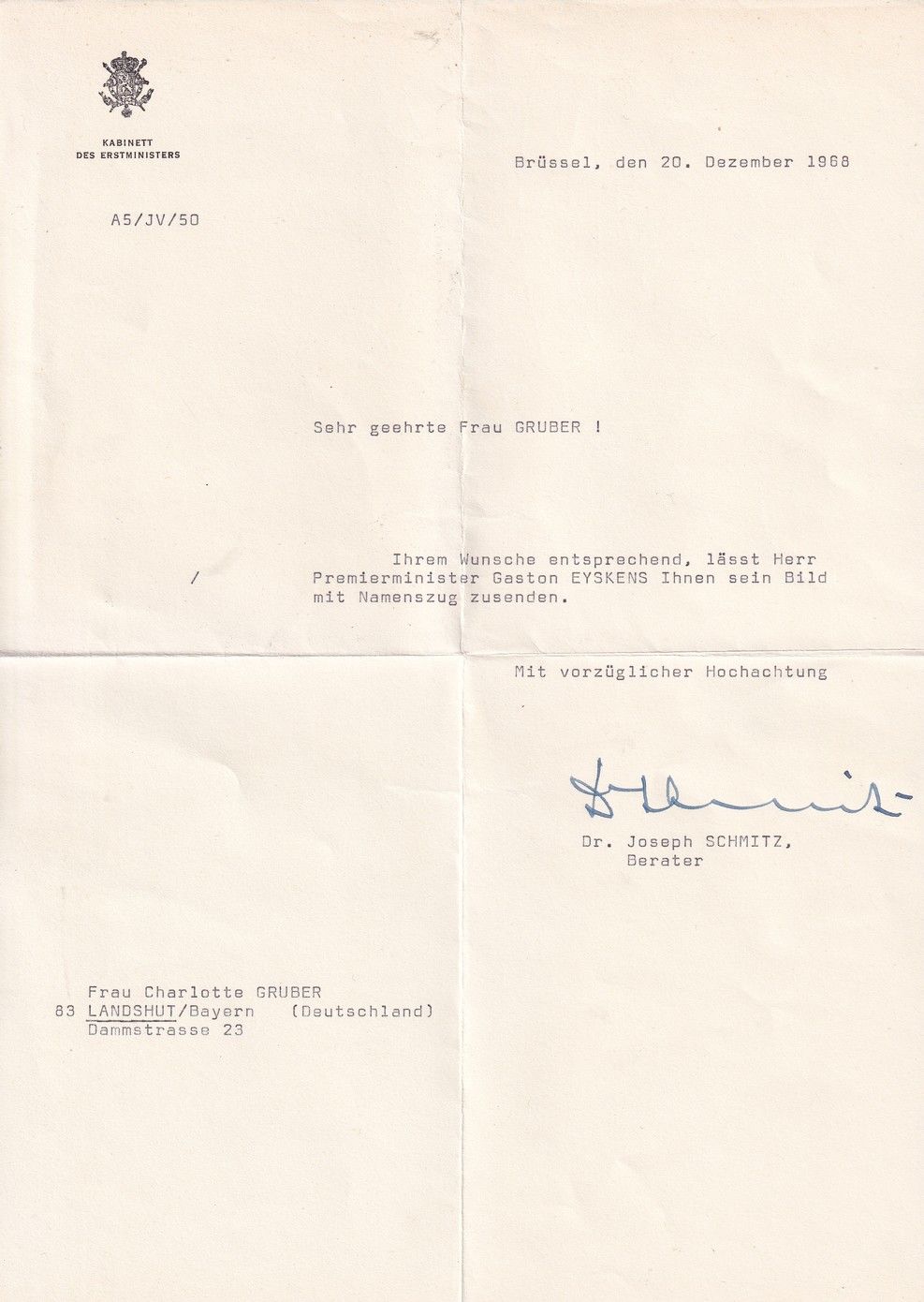 Autogramm Politik | Belgien | Gaston EYSKENS | 1960er Foto + Brief (Portrait SW) Minister
