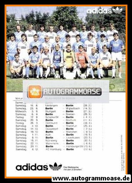 Mannschaftskarte Fussball | Blau-Weiss 90 Berlin | 1986 Adidas