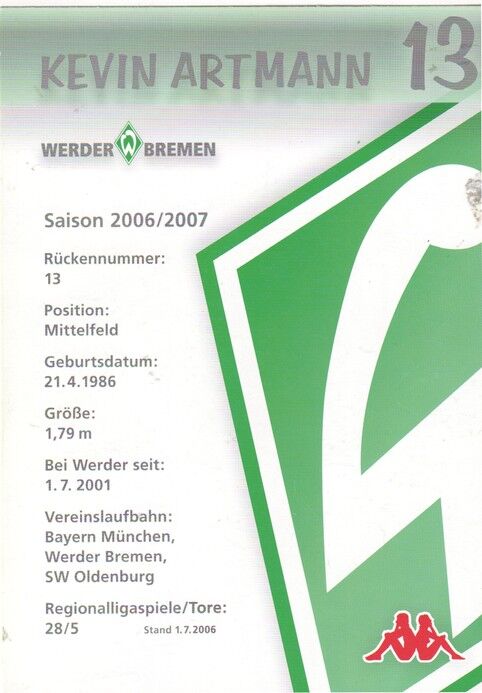 Autogramm Fussball | SV Werder Bremen | 2006 we win | Kevin ARTMANN