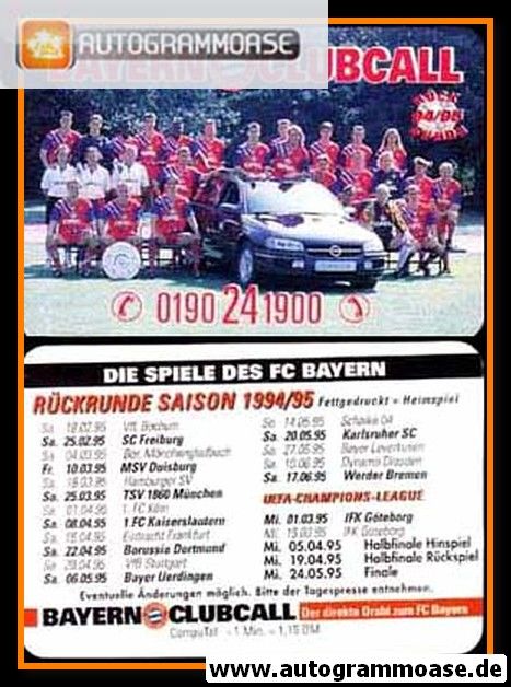 Mannschaftskarte Fussball | FC Bayern München | 1994 Clubcall (Rückrunde)