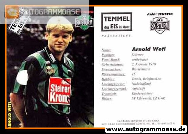 Autogramm Fussball | SK Sturm Graz | 1995 | Arnold WETL