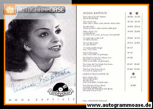 Autogramm Schlager | Mona BAPTISTE | 1956 "Das Sagt Auch Der Doktor" (Portrait SW Polydor)