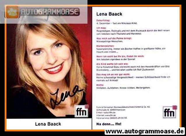 Autogramm Radio | FFN | Lena BAACK | 2000er (Portrait Color)
