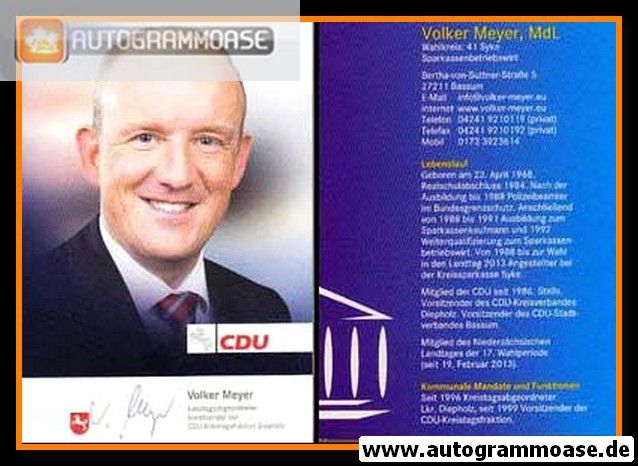Autogramm Politik | CDU | Volker MEYER | 2010er (Lebenslauf)
