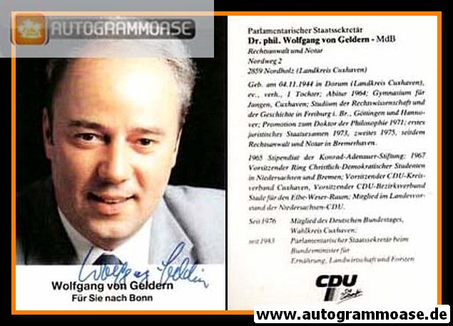 Autogramm Politik | CDU | Wolfgang VON GELDERN | 1980er ("Für Sie Nach Bonn")
