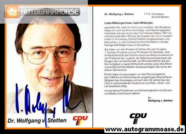 Autogramm Politik | CDU | Wolfgang VON STETTEN | 1990er (Portrait Color) 