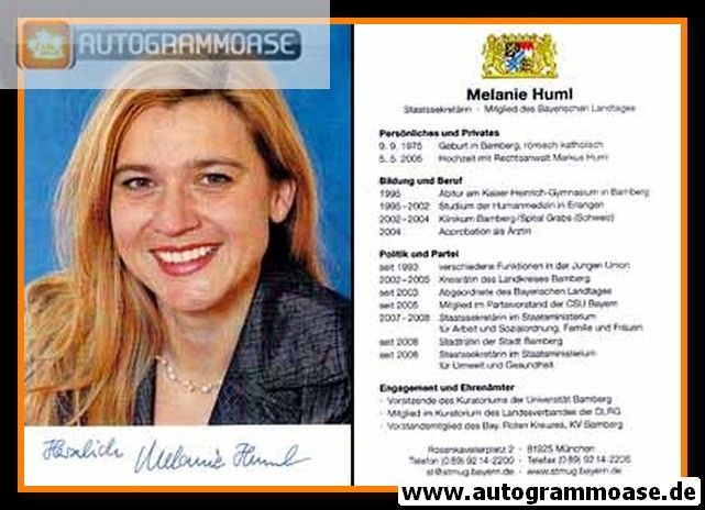 Autogramm Politik | CSU | Melanie HUML | 2010er (Lebenslauf)