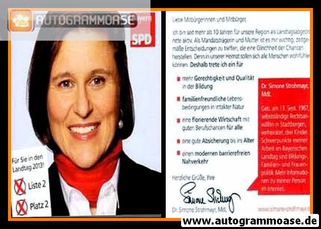 Autogramm Politik | SPD | Simone STROHMAYR | 2013 Druck (Landtagswahl)
