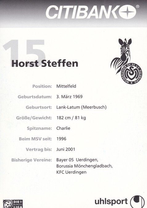 Carte Autographe Horst Steffen MSV Duisburg 1997-98 – Original