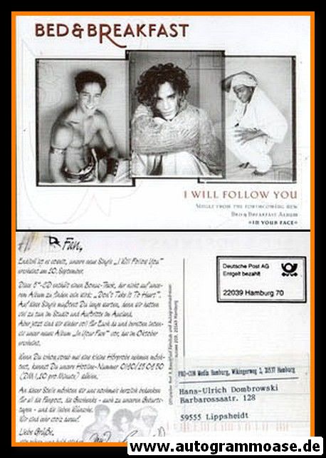 Autogrammkarte Pop | BED & BREAKFAST | 1996 "I Will Follow You"