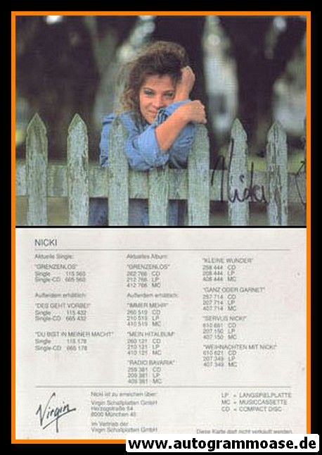 Autogramm Schlager | NICKI | 1992 "Grenzenlos" (Virgin)