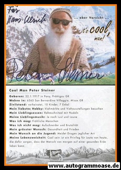 Autogramm Pop | Peter STEINER | 1995 "Its Cool Man" (Portrait Color) Milka