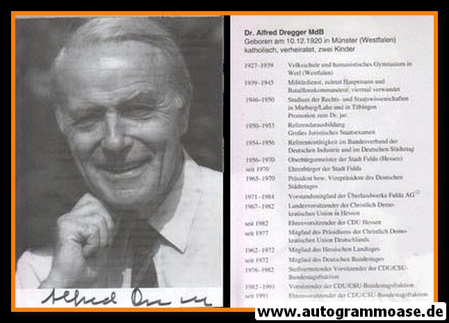 Autogramm Politik | CDU | Alfred DREGGER | 1990er (Portrait SW) Lebenslauf