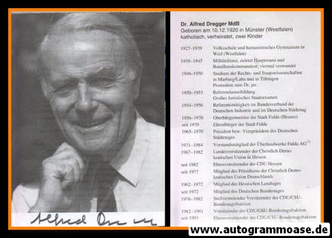 Autogramm Politik | CDU | Alfred DREGGER | 1990er (Portrait SW) Lebenslauf