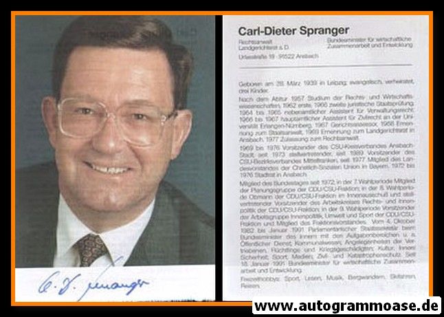 Autogramm Politik | CDU | Carl-Dieter SPRANGER | 1990er (Portrait Color) Lebenslauf