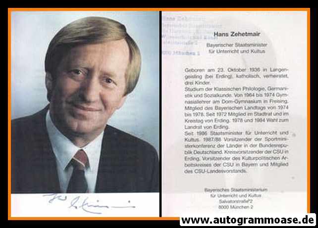 Autogramm Politik | CSU | Hans ZEHETMAIR | 1990er (Lebenslauf) 1