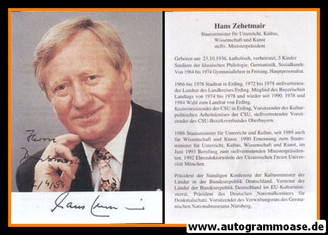 Autogramm Politik | CSU | Hans ZEHETMAIR | 1990er (Lebenslauf) 2