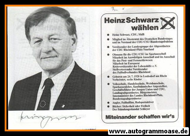 Autogramm Politik | CDU | Heinz SCHWARZ | 1980er (Portrait SW)