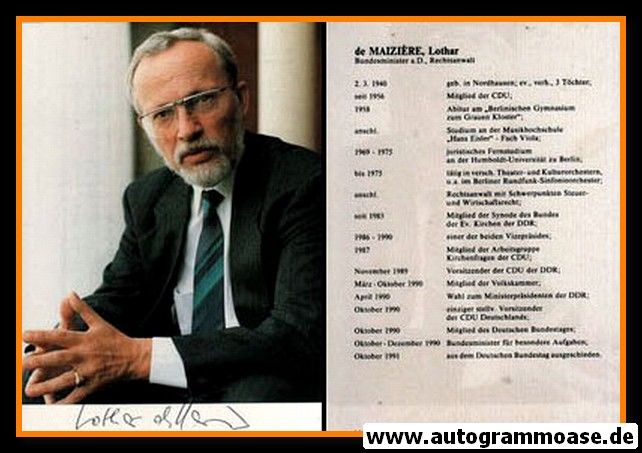 Autogramm Politik | DDR | Lothar DE MAIZIERE | MP 1990 | 1990er (Lebenslauf)