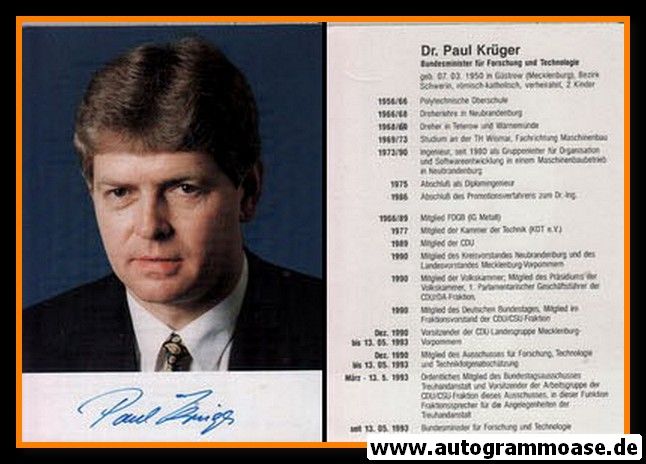 Autogramm Politik | CDU | Paul KRÜGER | 1990er (Lebenslauf)