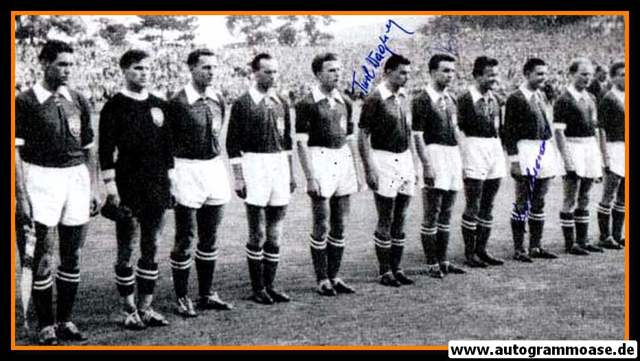 Mannschaftsfoto Fussball | Österreich | 1954 WM + 4 AG (Koller, Kollmann, Körner, Wagner) Spiel Uruguay