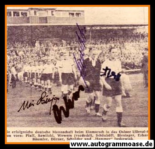 Autogramme Fussball | DFB | 1956 + 4 AG (Biesinger, Pfaff, Sawitzki, Wewers) Einlauf Norwegen