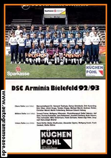 Mannschaftskarte Fussball | DSC Arminia Bielefeld | 1992 Sparkasse
