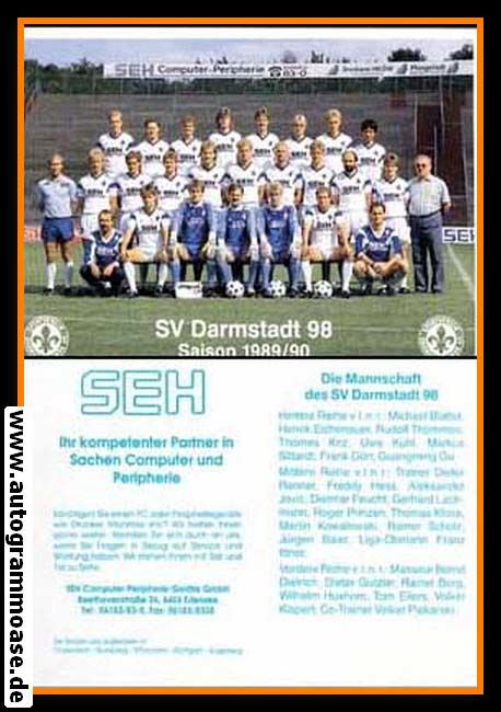 Mannschaftskarte Fussball | SV Darmstadt 98 | 1989