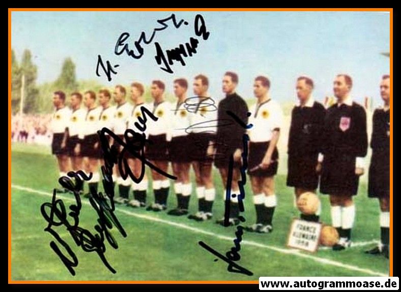 Mannschaftsfoto Fussball | DFB | 1958 + 6 AG (Erhardt, Haller, Schmidt, Seeler, Stollenwerk, Tilkowski) Frankreich