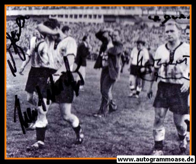 Autogramme Fussball | DFB | 1958 WM Foto | 4 AG (Eckel, Erhardt, Schäfer, Seeler) Abpfiff