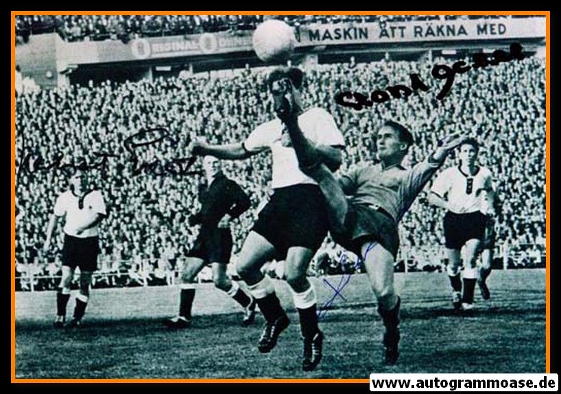 Autogramme Fussball | DFB + Schweden | 1958 WM Foto | ECKEL + ERHARDT + HAMRIN (Spielszene SW)