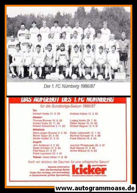Mannschaftskarte Fussball | 1. FC Nürnberg | 1986 Kicker