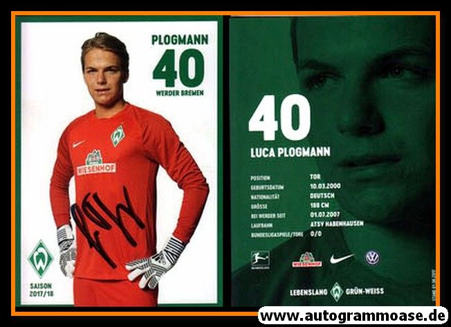 Autogramm Fussball | SV Werder Bremen | 2017 | Luca PLOGMANN