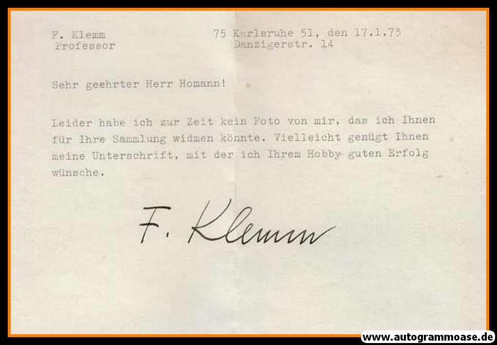 Autogramm Kunst | Fritz KLEMM | 1973 (Brief)