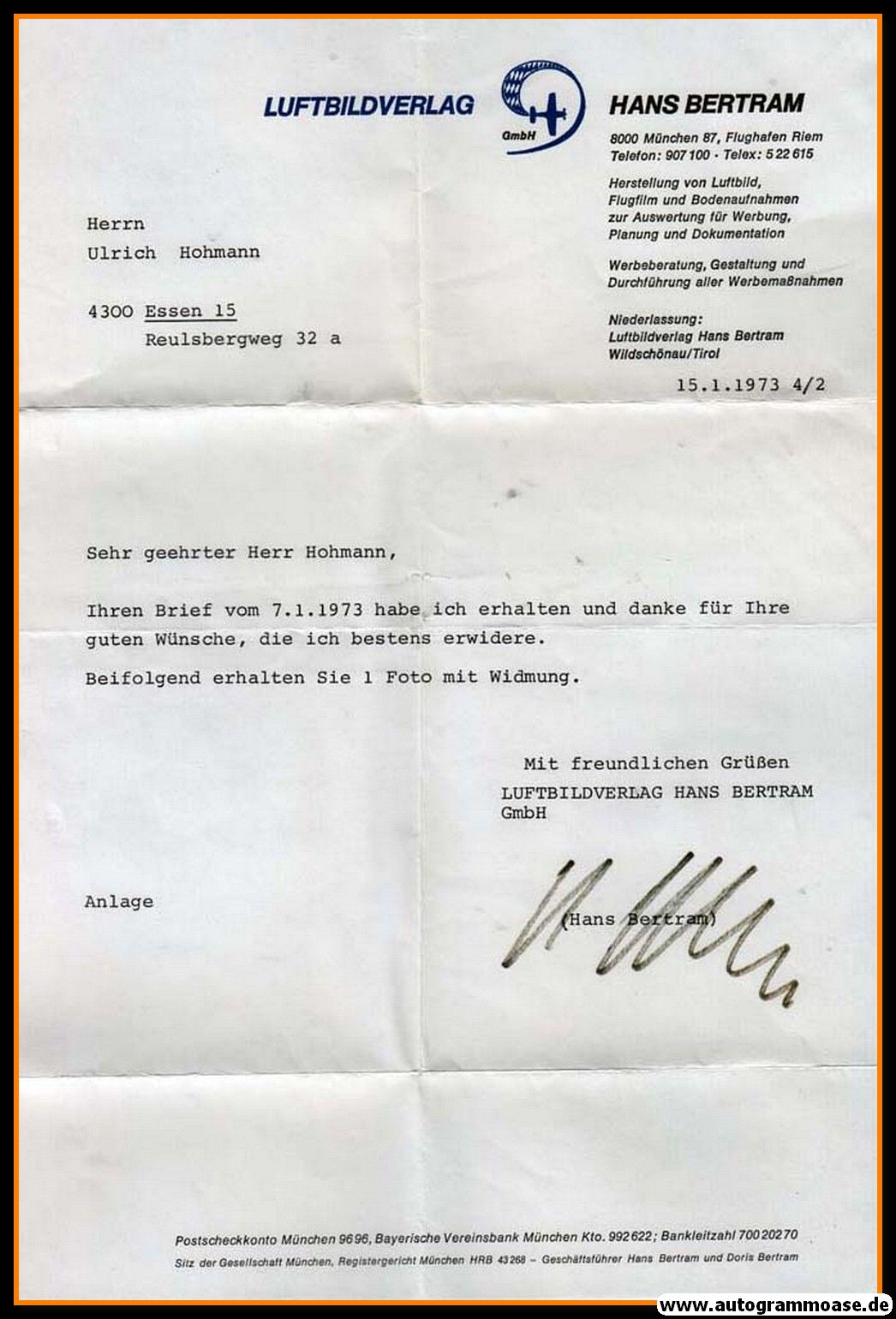 Autogramm Luftfahrt | Hans BERTRAM | 1970er (Brief + AK Portrait SW)