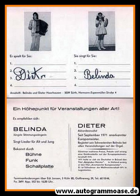 Autogramme Schlager | BELINDA + DIETER | 1970er (Portrait SW)