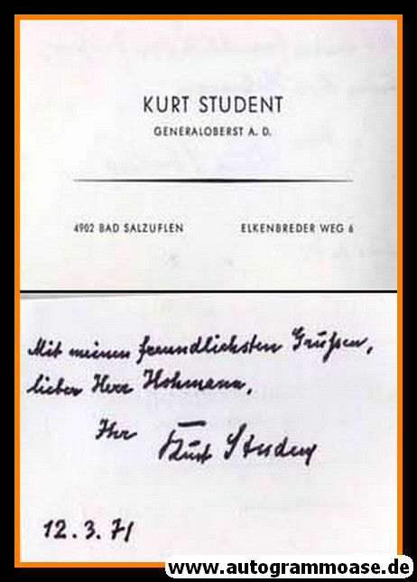 Autogramm Militär | Kurt STUDENT | 1971 (Visitenkarte) Generaloberst Luftwaffe