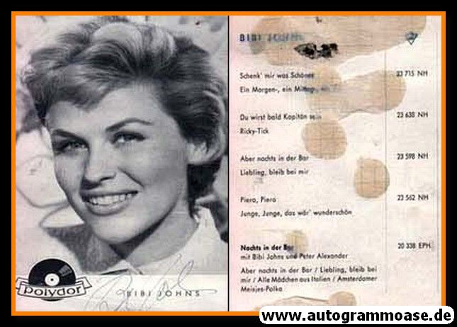 Autogramm Schlager | Bibi JOHNS | 1958 "Schenk Mir Was Schönes" (Portrait SW) Polydor _