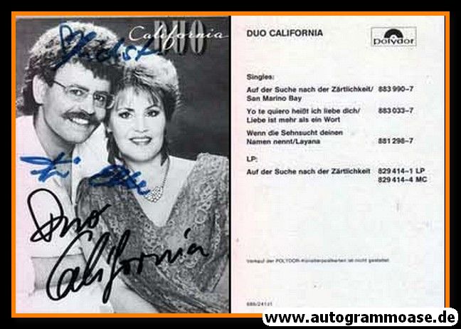 Autogramme Schlager | DUO CALIFORNIA | 1986 "Auf Der Suche" (Polydor)