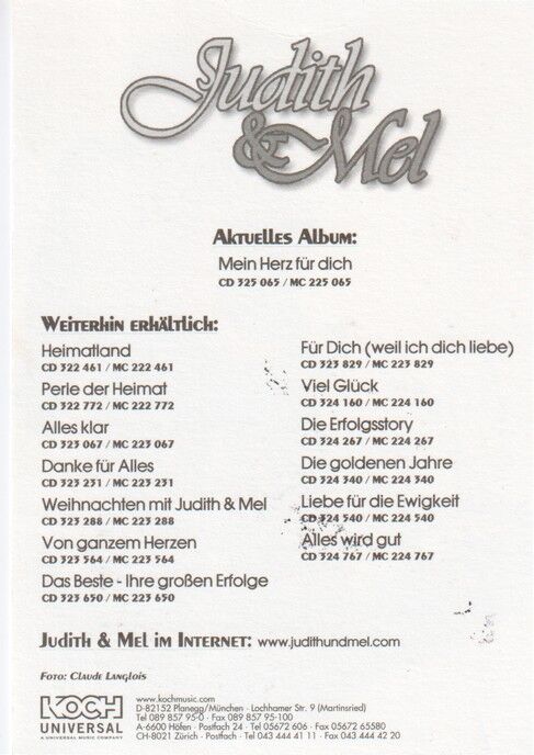 Autogramme Schlager | JUDITH & MEL | 2002 "Mein Herz Für Dich" (Portrait Color Koch)