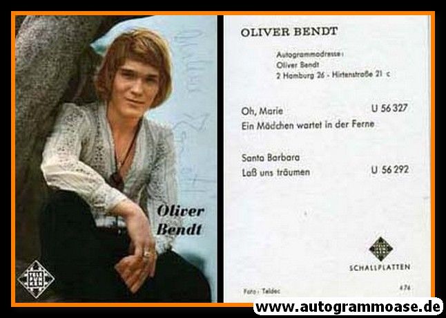 Autogramm Schlager | Oliver BENDT | 1974 "Oh Marie" (Telefunken)