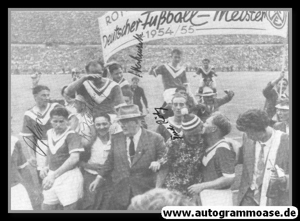 Mannschaftsfoto Fussball | Rot-Weiss Essen | 1955 + 4 AG (Herkenrath, Köchling, Röhrig, Wewers) Meister
