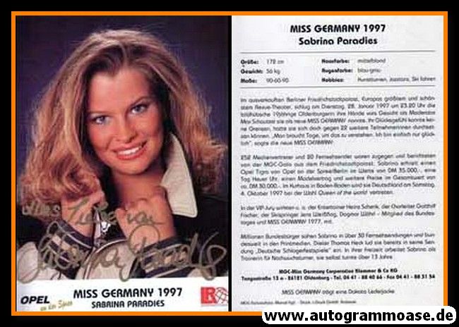 Autogramm Model | Sabrina PARADIES | 1997 (Portrait Color) Miss Germany
