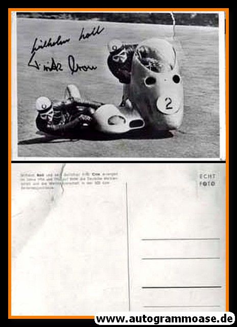 Autogramme Motorrad | Fritz CRON + Wilhelm NOLL | 1950er Druck (Rennszene SW)