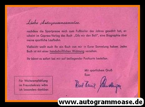 Autogramm Fussball | 1962 Druck | Karl-Heinz SCHNELLINGER (FdJ)