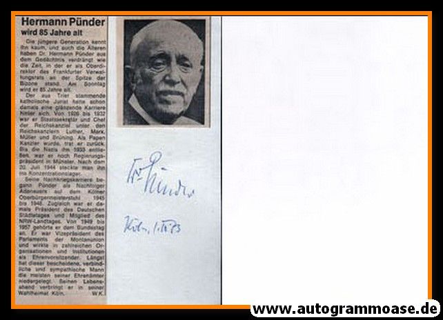 Autogramm Politik | CDU | Hermann PÜNDER | 1970er (Portrait SW) OB Köln